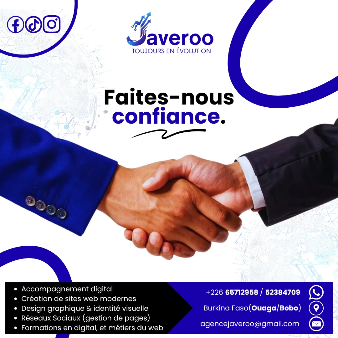 JAVEROO agence digitale de confiance - 50 projets réalisés, 30 clients satisfaits au Burkina Faso