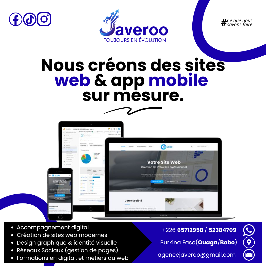 Création de sites web et applications sur mesure par JAVEROO, agence digitale au Burkina Faso