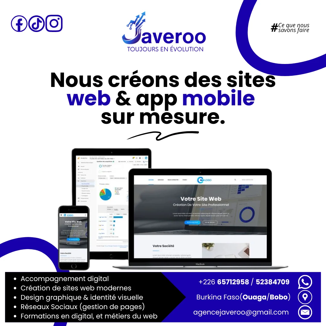 Création de sites web et applications sur mesure par JAVEROO, agence digitale au Burkina Faso